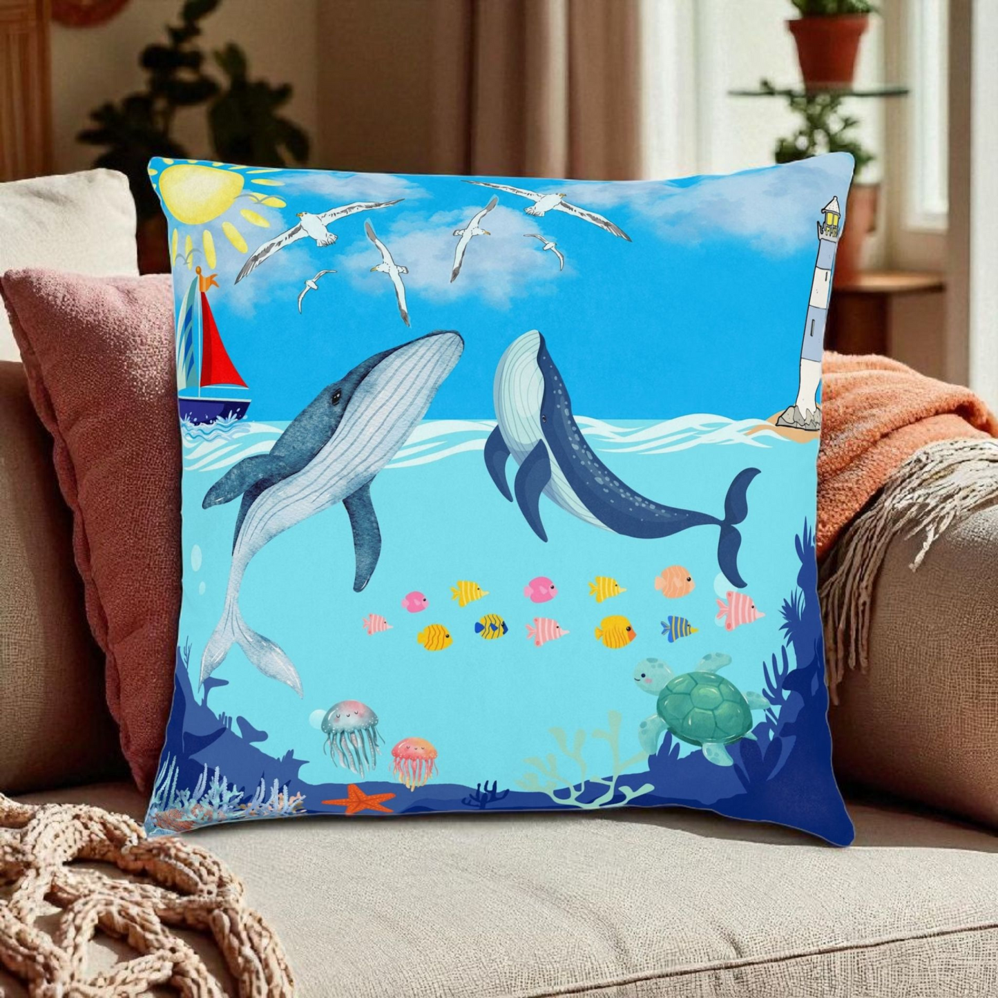 Whale Adventure Square Pillow – Coastal Home Decor
