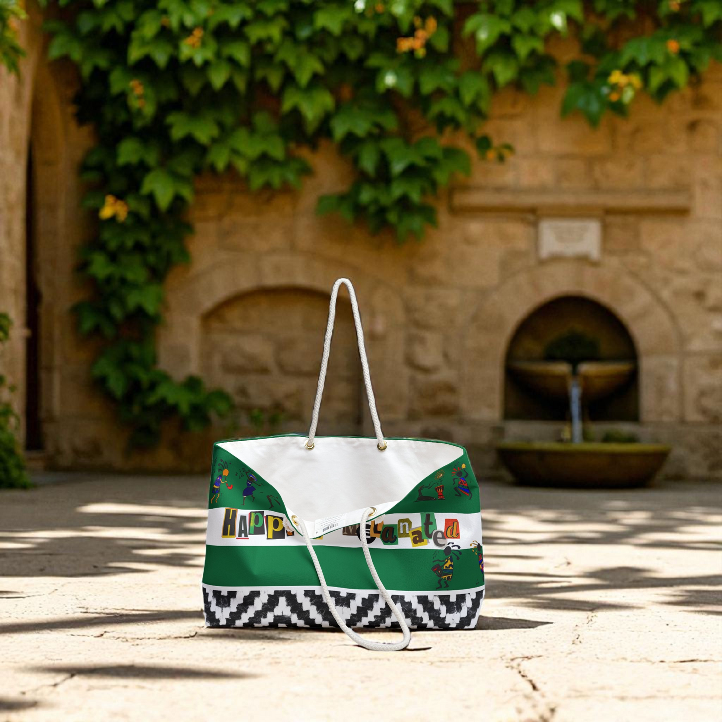 Handcrafted Ethnic Music Art Weekender Bag - Oversized, Durable Tote with Rope Handles
