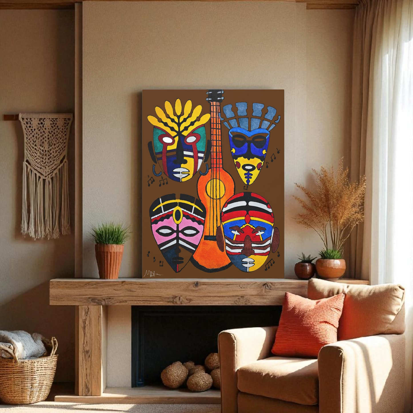 Tribal Mask Canvas, Singing Mask Painting, Wall Art Decor, Home Office Decoration