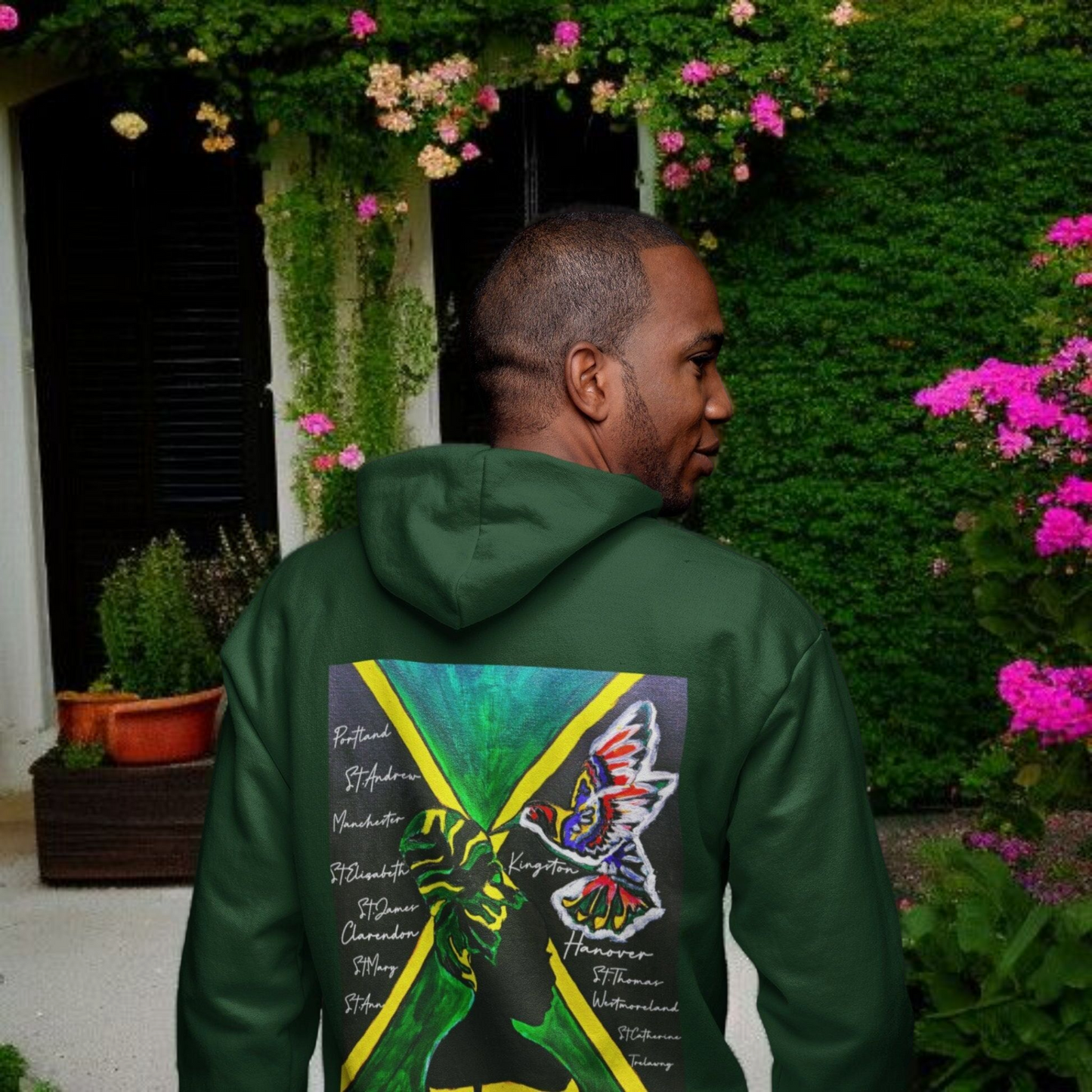 Unisex Graphic Hoodie with Hand Drawn Jamaican Flag Art , Trendy Casual Wear