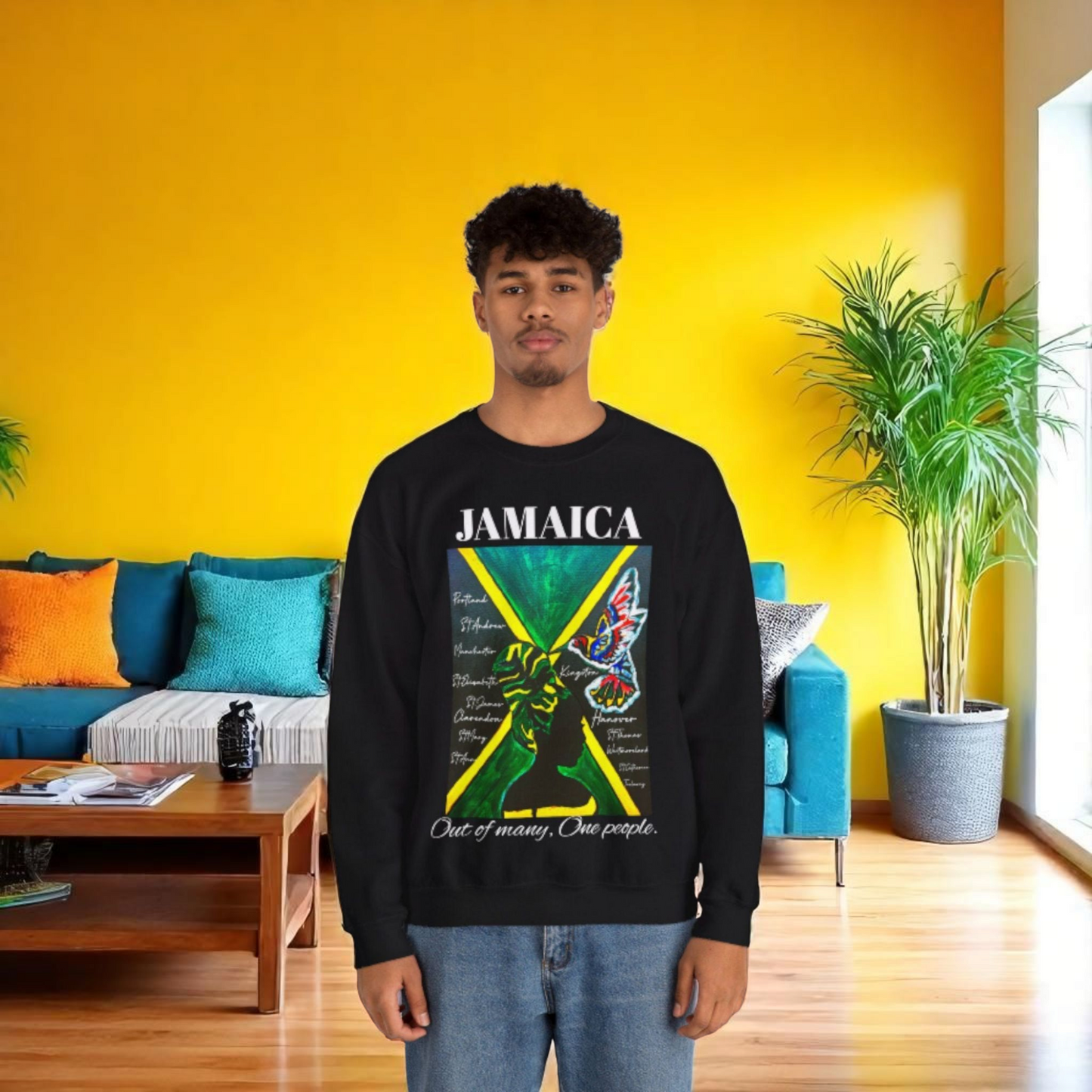 Handcrafted Graphic Sweatshirt featuring Jamaican Flag Art, Cozy Crewneck