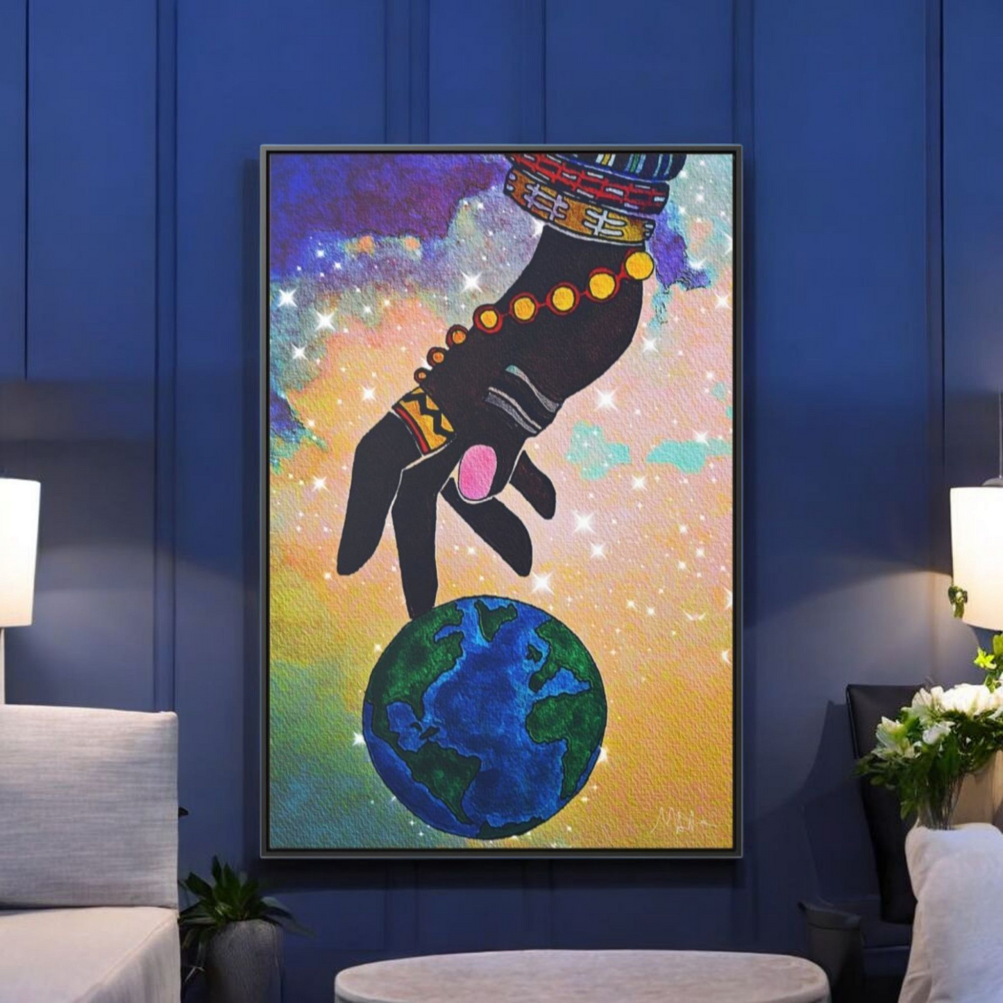 Cosmic Ethnic Wall Art - Handcrafted Astronomical Painting, Unique Space-Themed Decor, Vertica Frame