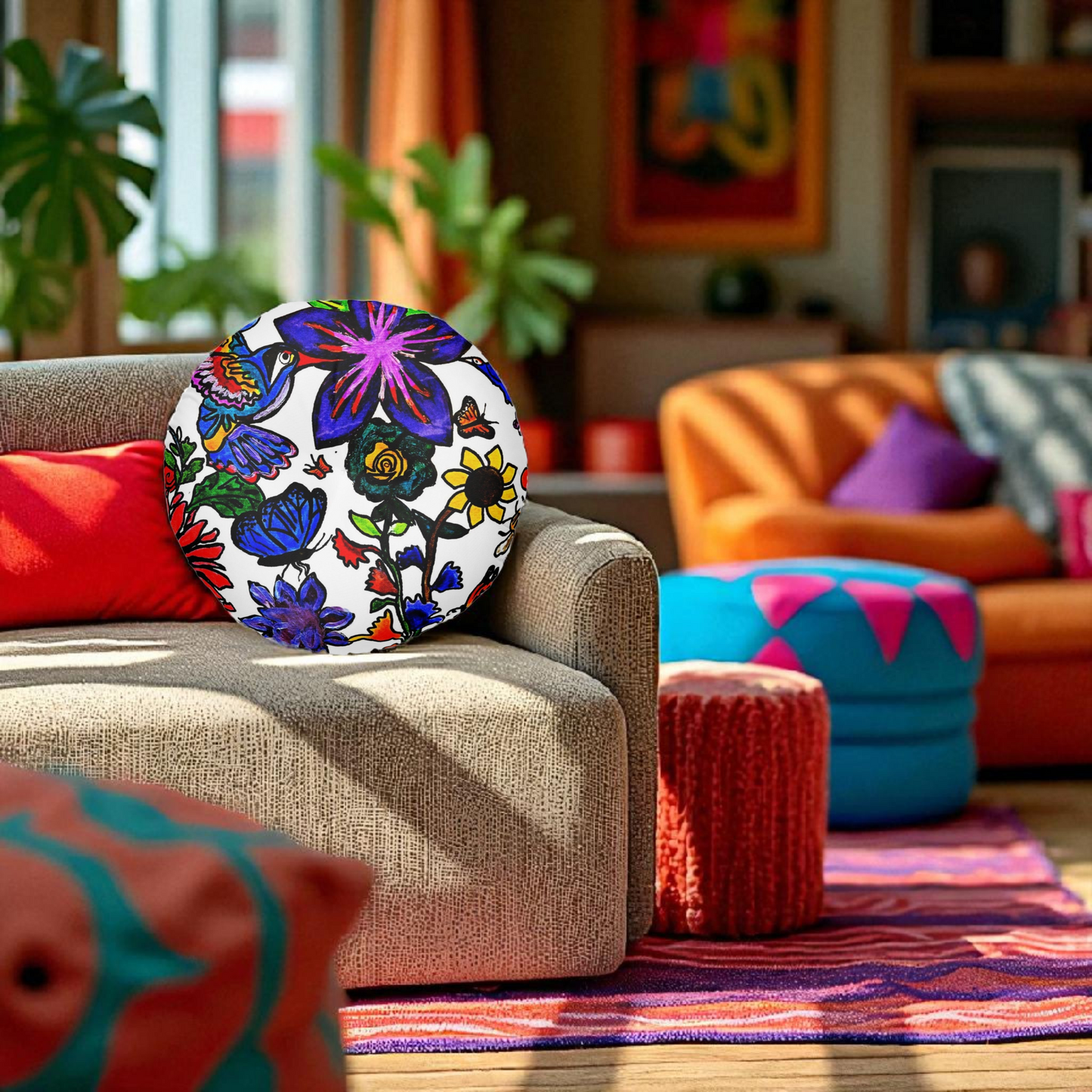 Colorful Round Tufted Floor Pillow with Hand Drawn Botanicals- Soft Accent Piece