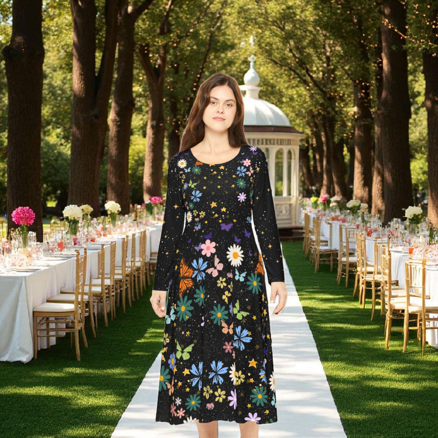 Celestial Floral Long Sleeve Dance Dress - Perfect for Parties, Events, Spring Celebrations