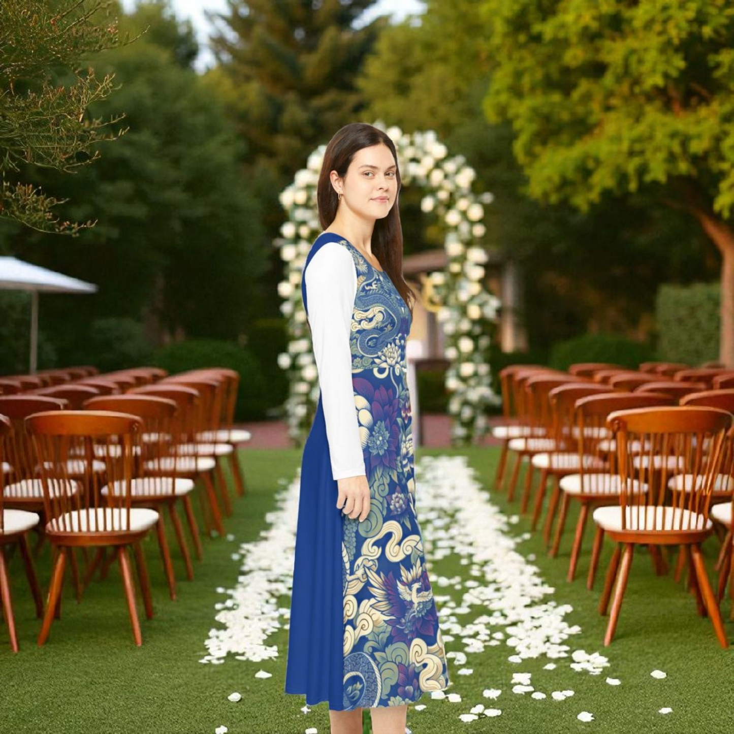 Unique Elegant Floral Print Long Sleeve Dance Dress, Perfect for Parties, Comfortable Fit