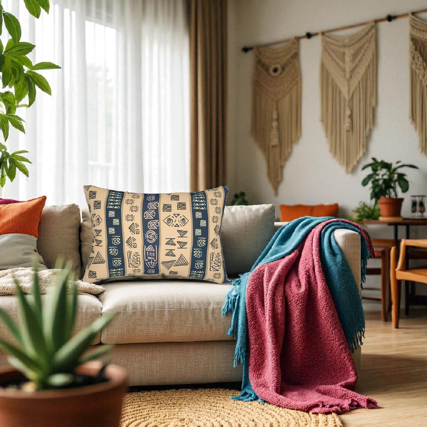 Tribal Spun Polyester Pillow, Decorative Cushion, Boho Throw Pillow, Ethnic Pattern Lumbar Pillow