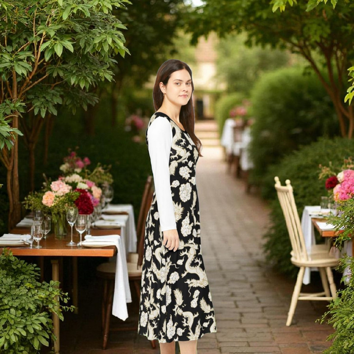 Elegant Dragon Print Long Sleeve Dance Dress | Boho Style, Dance Wear, Vintage Inspired