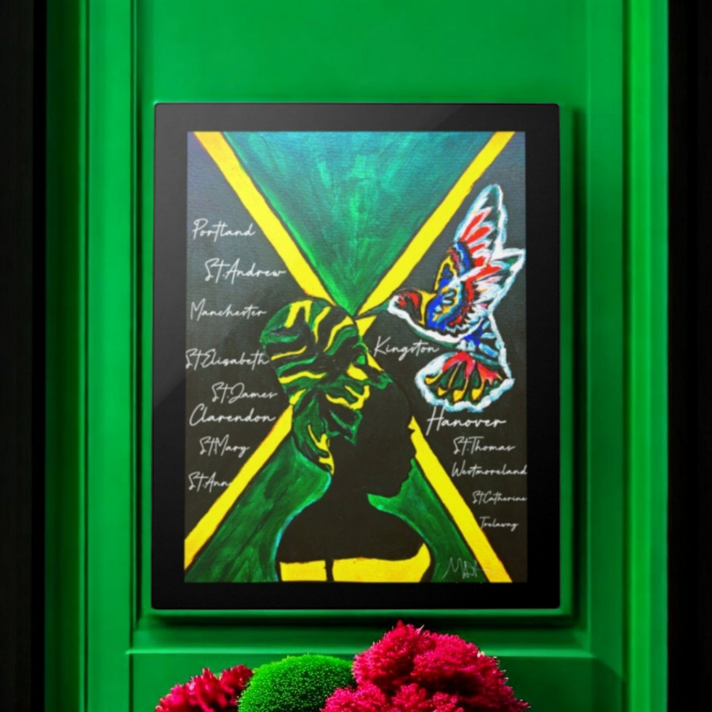Handcrafted Ethnic Wall Art - Jamaican Female Portrait with Flag Colors, Cultural Home Accent