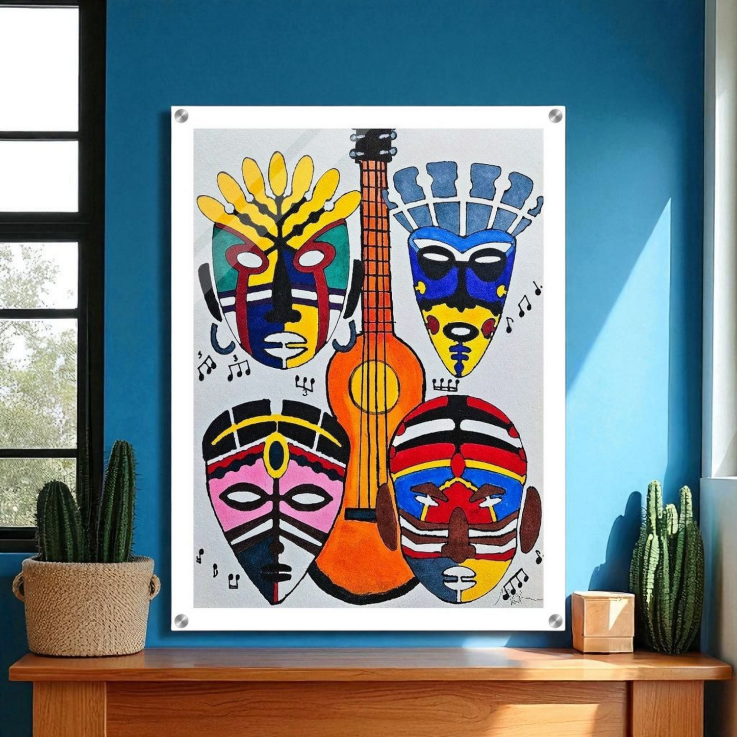Original Singing Tribal Mask Acrylic Print, Handcrafted Artisanal Decor