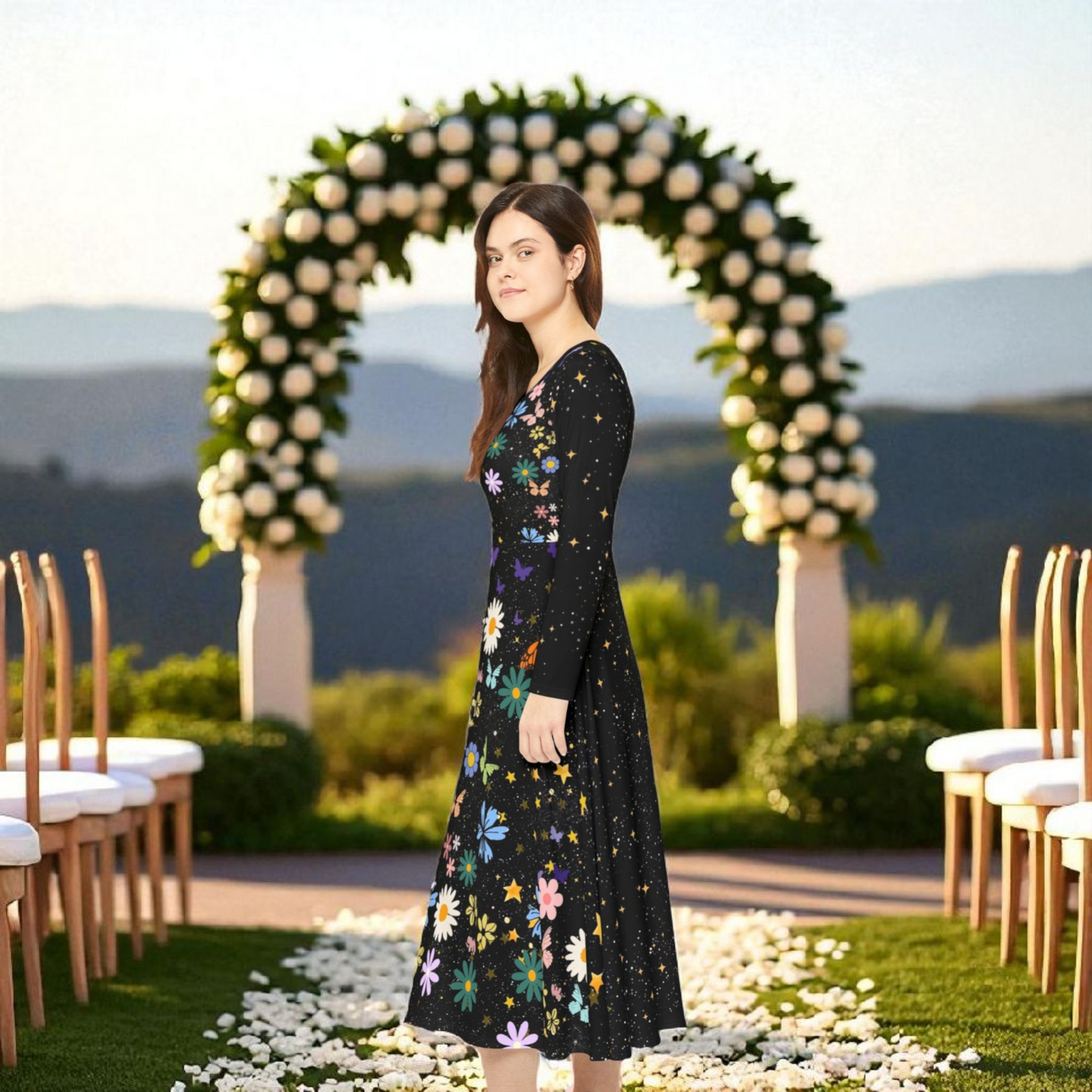 Celestial Floral Long Sleeve Dance Dress - Perfect for Parties, Events, Spring Celebrations