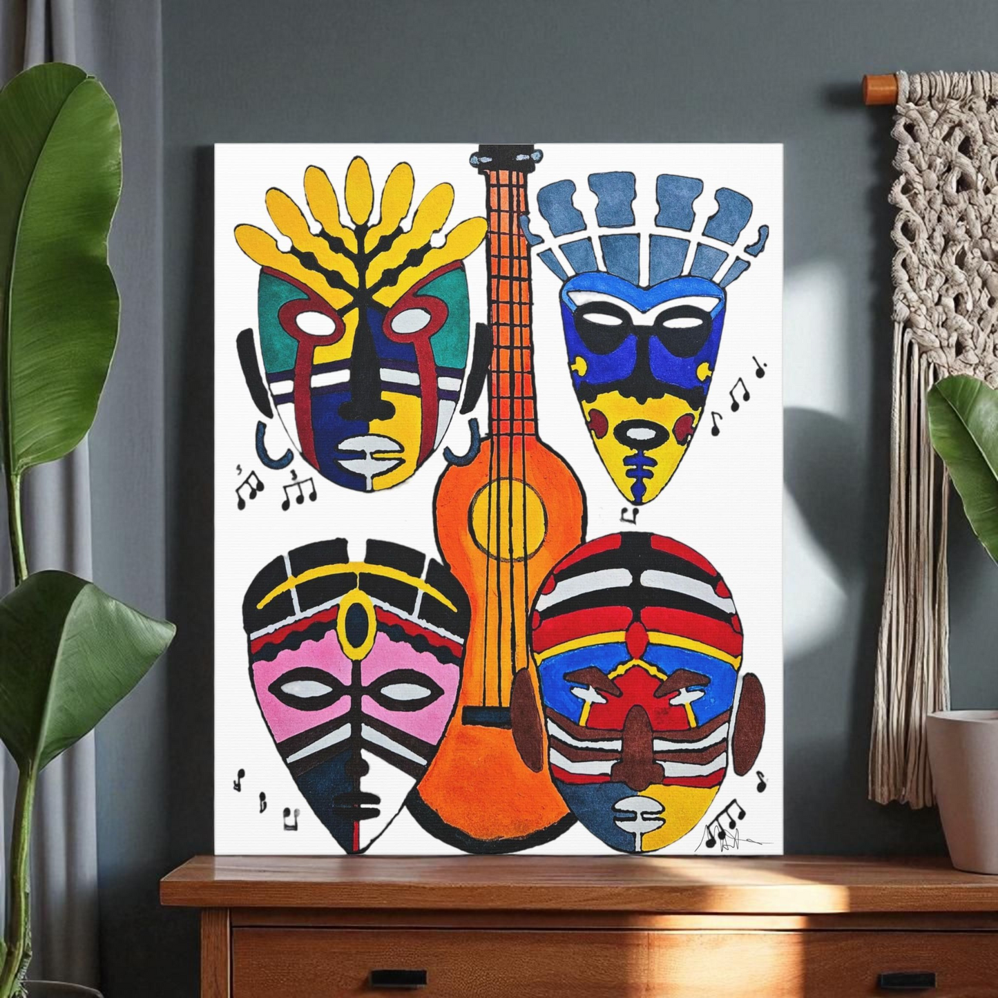 Tribal Mask Canvas, Singing Mask Painting, Wall Art Decor, Home Office Decoration