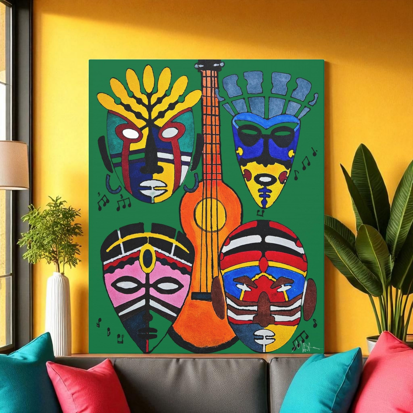 Tribal Mask Canvas, Singing Mask Painting, Wall Art Decor, Home Office Decoration