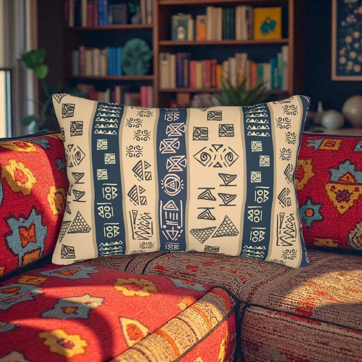 Tribal Spun Polyester Pillow, Decorative Cushion, Boho Throw Pillow, Ethnic Pattern Lumbar Pillow