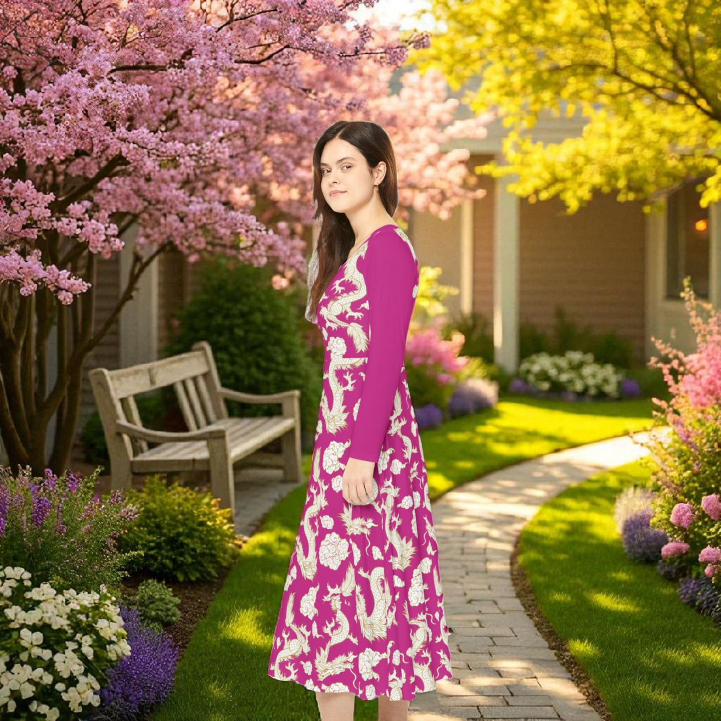 Pink Floral & Gragon Print Long Sleeve Dance Dress | Boho Style, Vintage Inspired