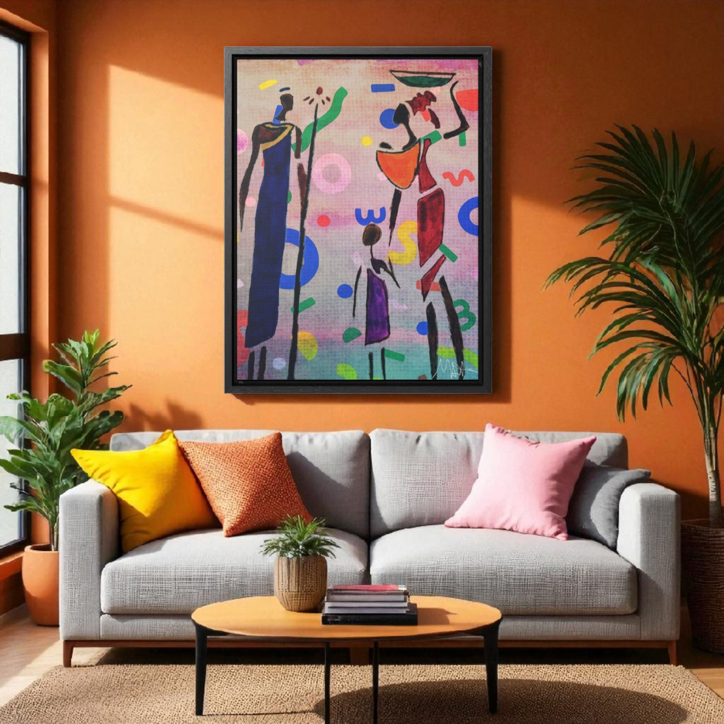 Tribal African Family Sketch - Handcrafted Wall Art, Authentic Home Decoration, Vertical Frame