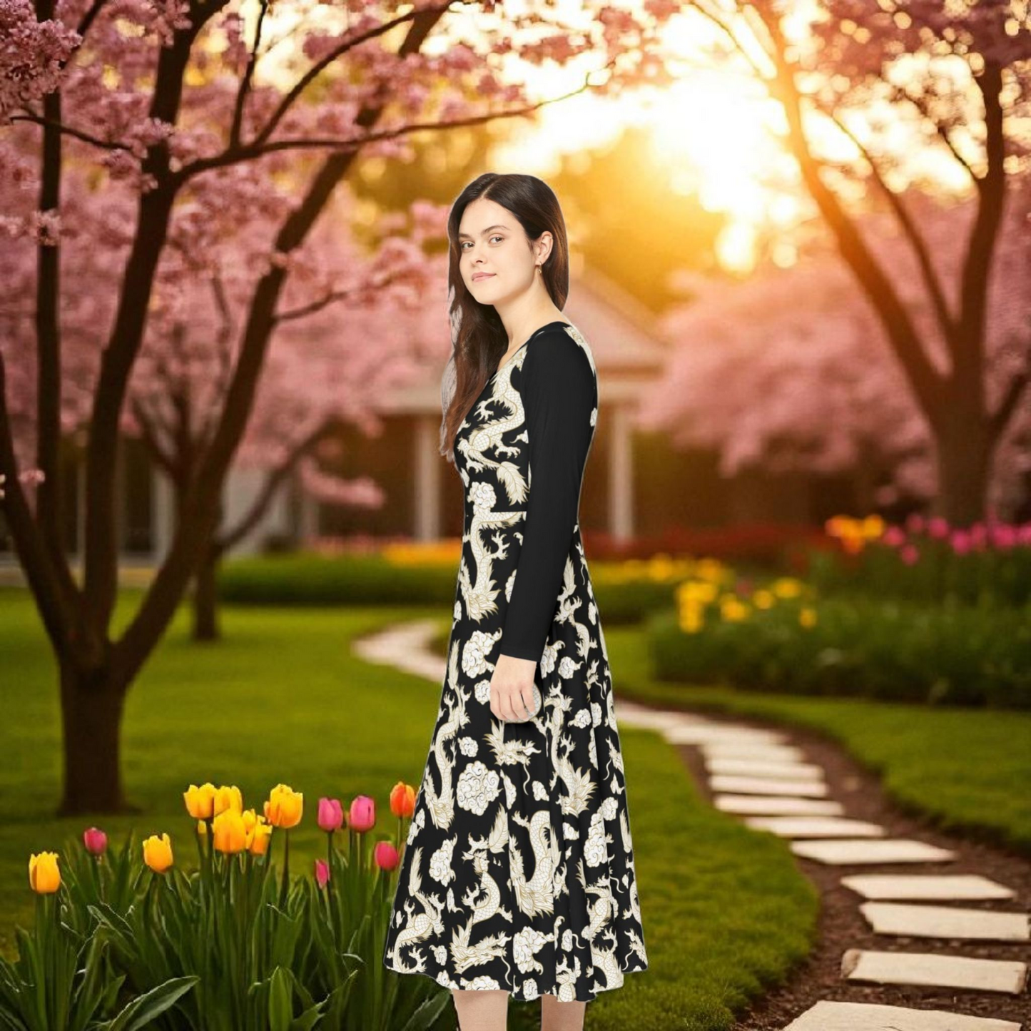 Beautiful Dragon Long Sleeve Dance Dress | Boho Style, Dance Wear, Vintage Inspired, Garden Party Dress, Mother’s Day Gift