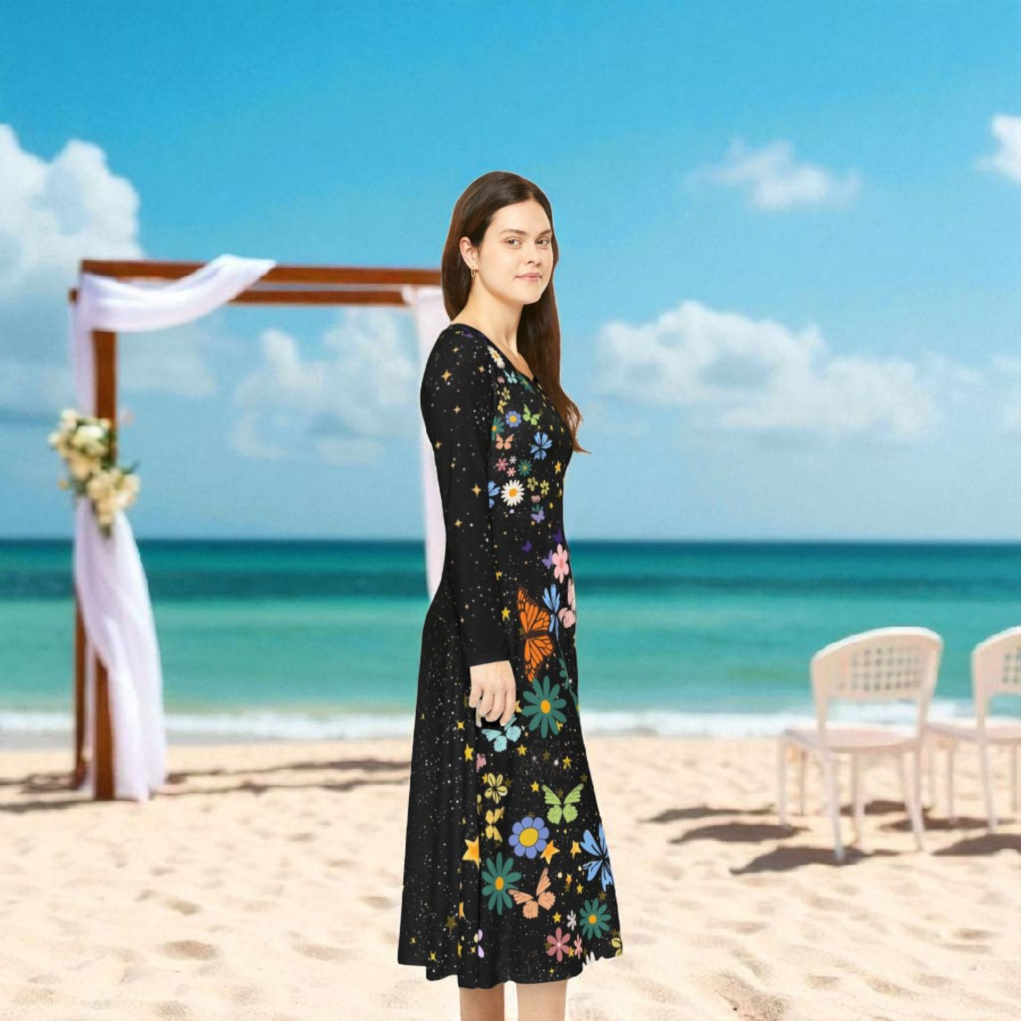Celestial Floral Long Sleeve Dance Dress - Perfect for Parties, Events, Spring Celebrations