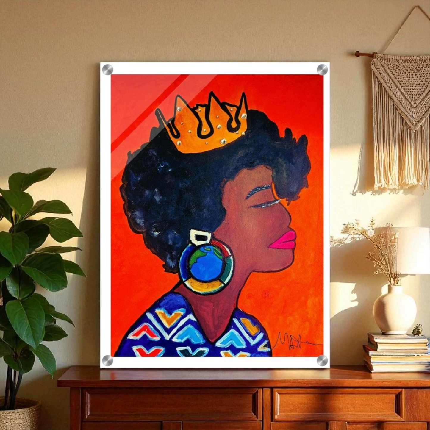 Original Artisan Black Woman Portrait, Elegant Afrocentric Painting, Office Decor