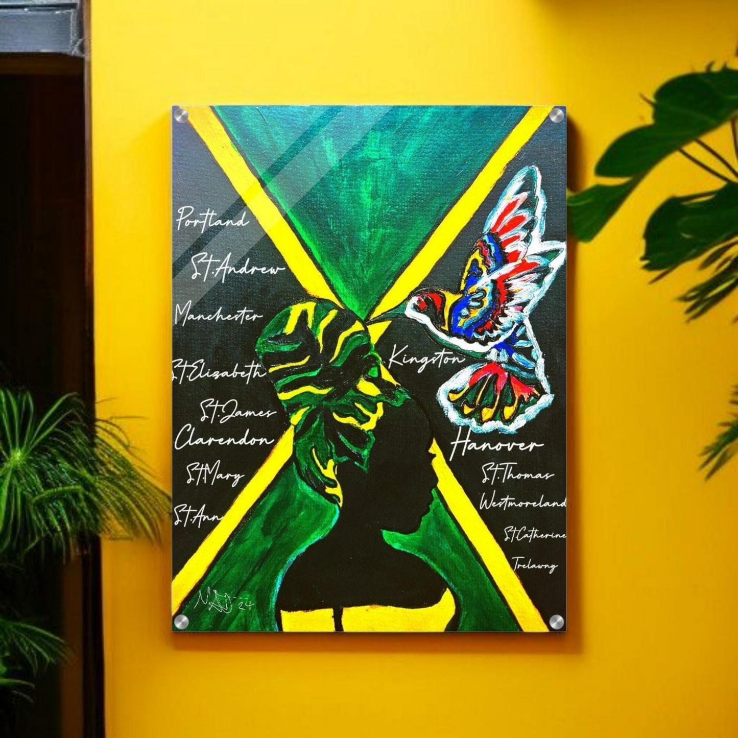 Hand Drawn Wall Art with Jamaican Woman, Original Acrylic Painting for Bohemian