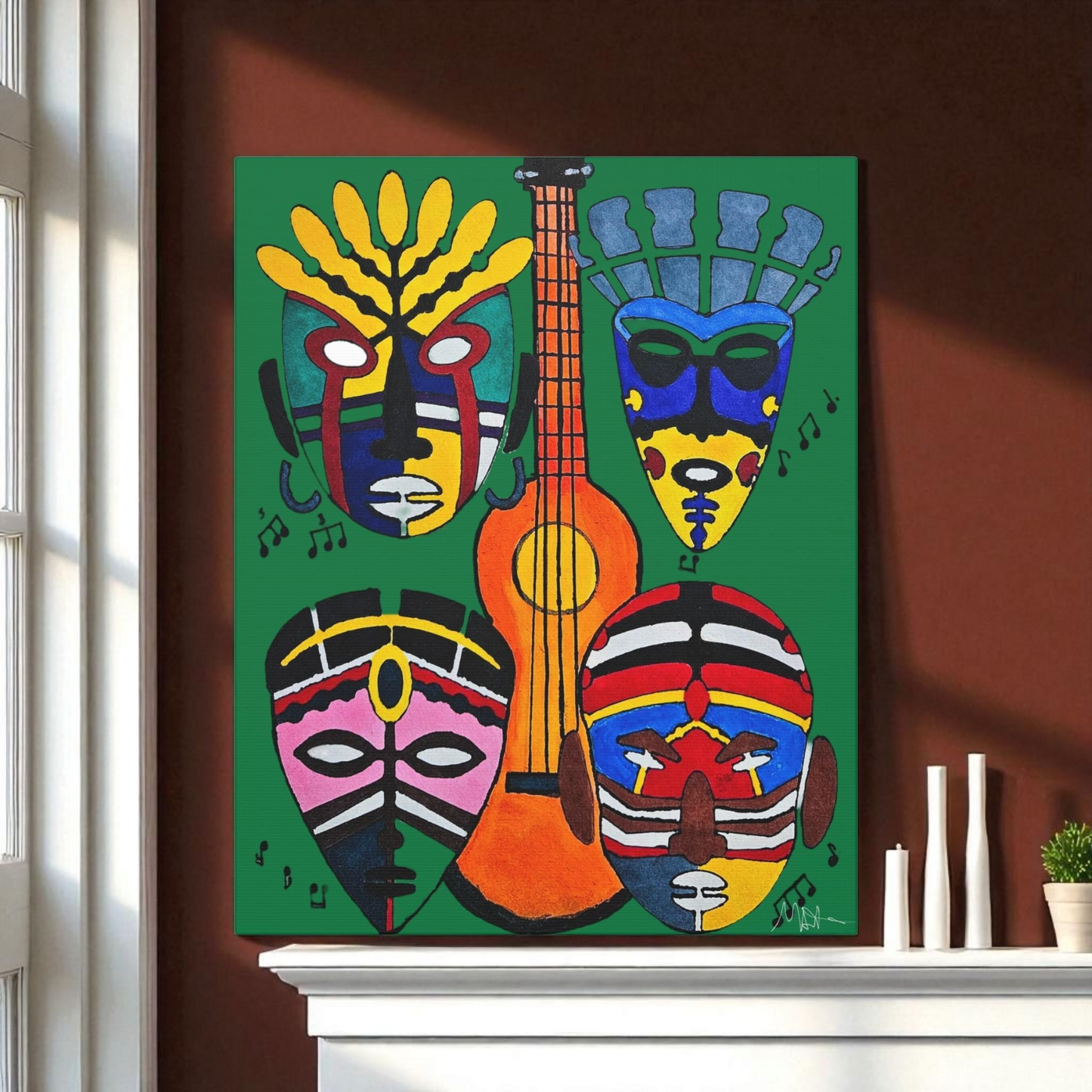 Tribal Mask Canvas, Singing Mask Painting, Wall Art Decor, Home Office Decoration