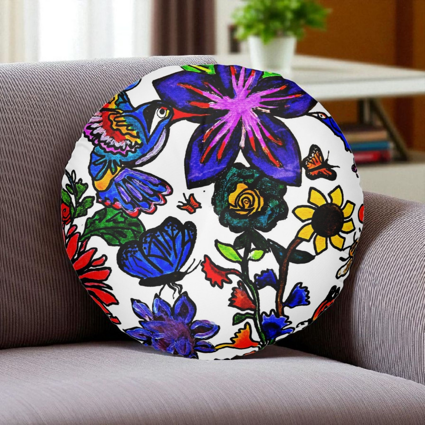 Colorful Round Tufted Floor Pillow with Hand Drawn Botanicals- Soft Accent Piece