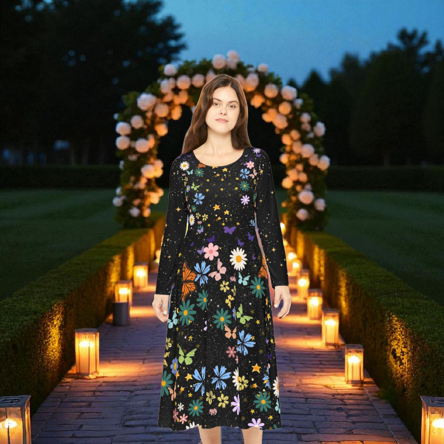 Celestial Floral Long Sleeve Dance Dress - Perfect for Parties, Events, Spring Celebrations