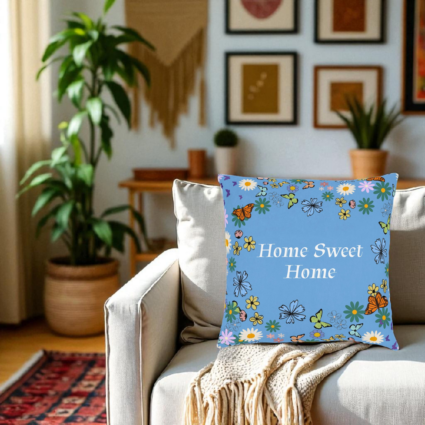 Floral Home Sweet Home Square Pillow - Cozy Decor for Living Room & Bedroom