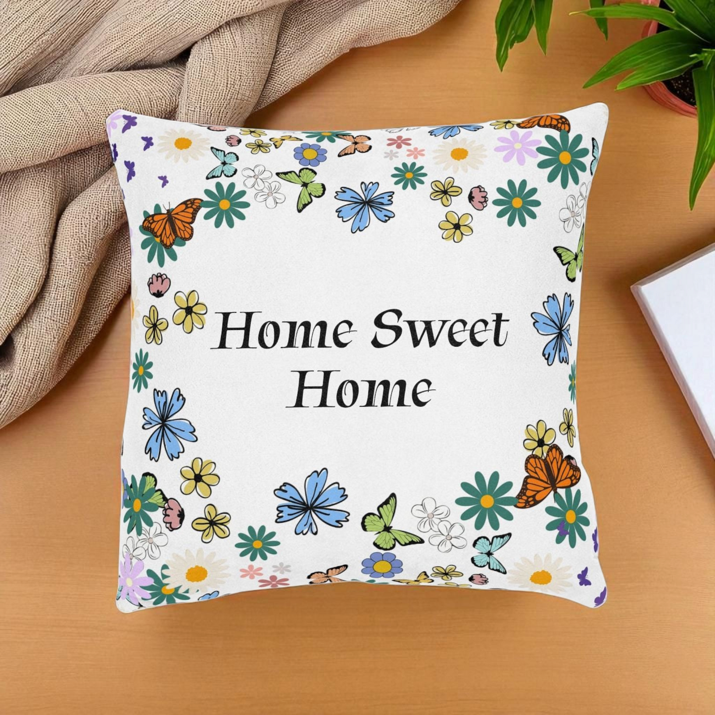 Floral Home Sweet Home Square Pillow - Cozy Decor for Living Room & Bedroom
