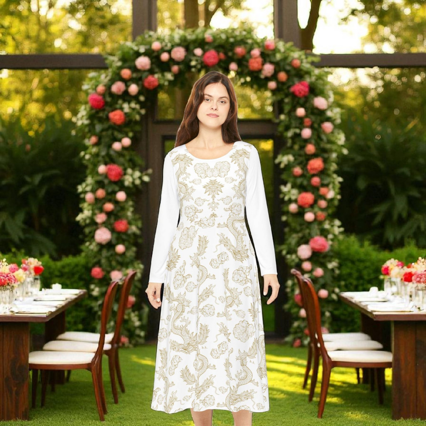 Elegant Dragon Print Long Sleeve Dance Dress | Boho Style, Dance Wear, Vintage Inspired
