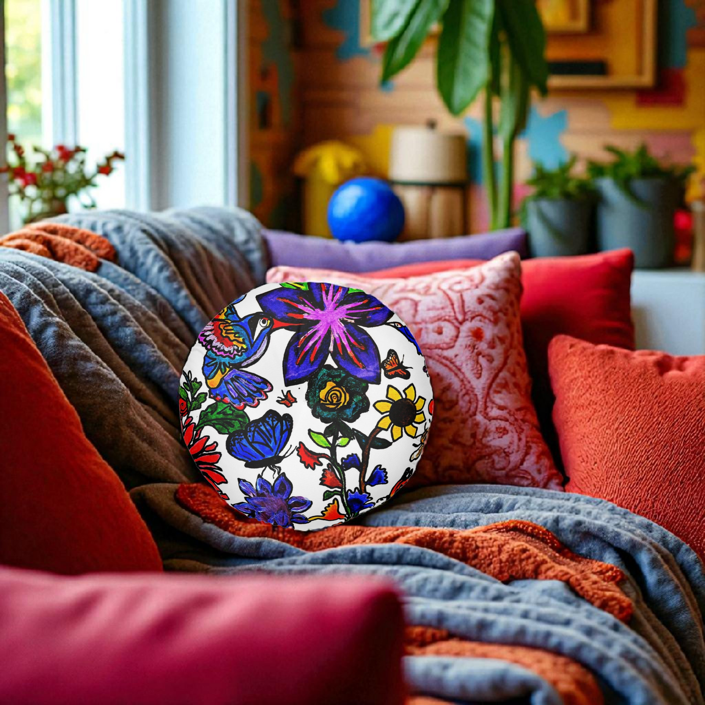 Colorful Round Tufted Floor Pillow with Hand Drawn Botanicals- Soft Accent Piece