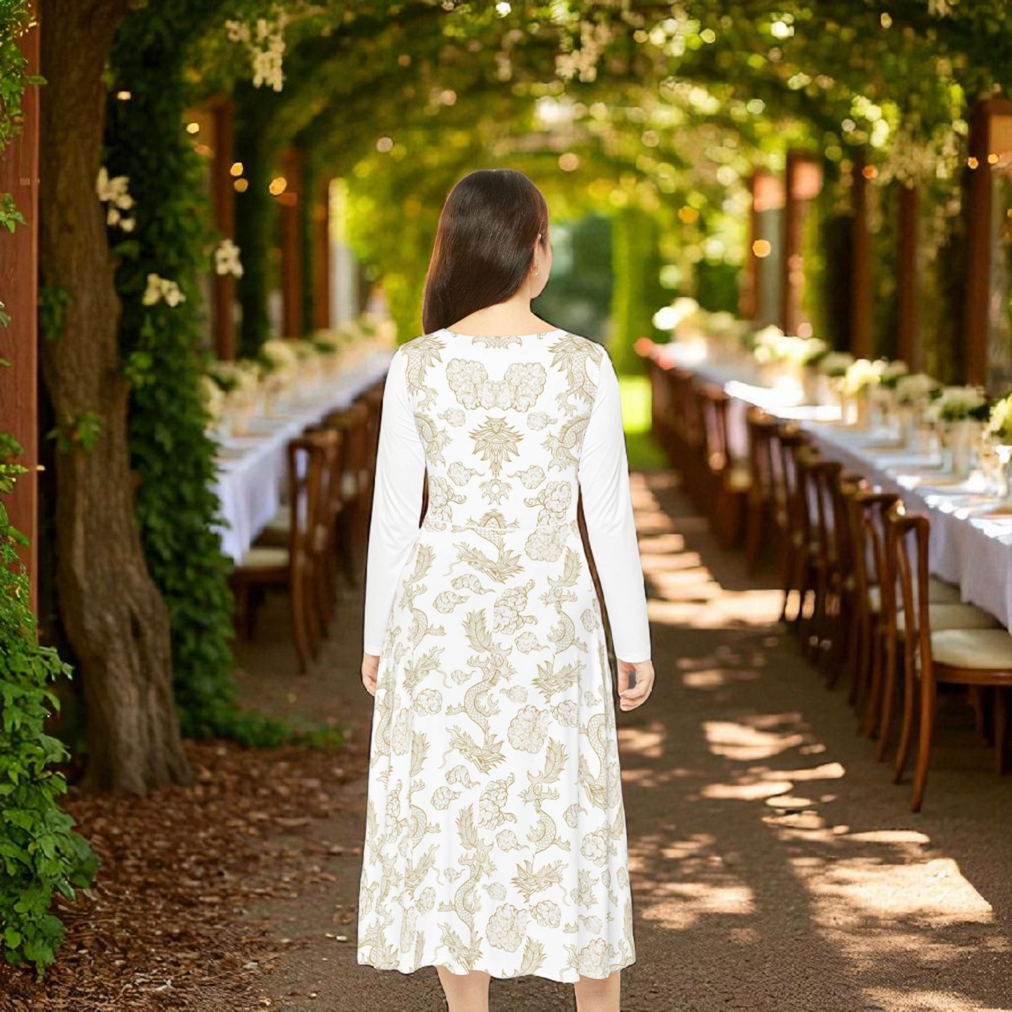 Elegant Dragon Print Long Sleeve Dance Dress | Boho Style, Dance Wear, Vintage Inspired