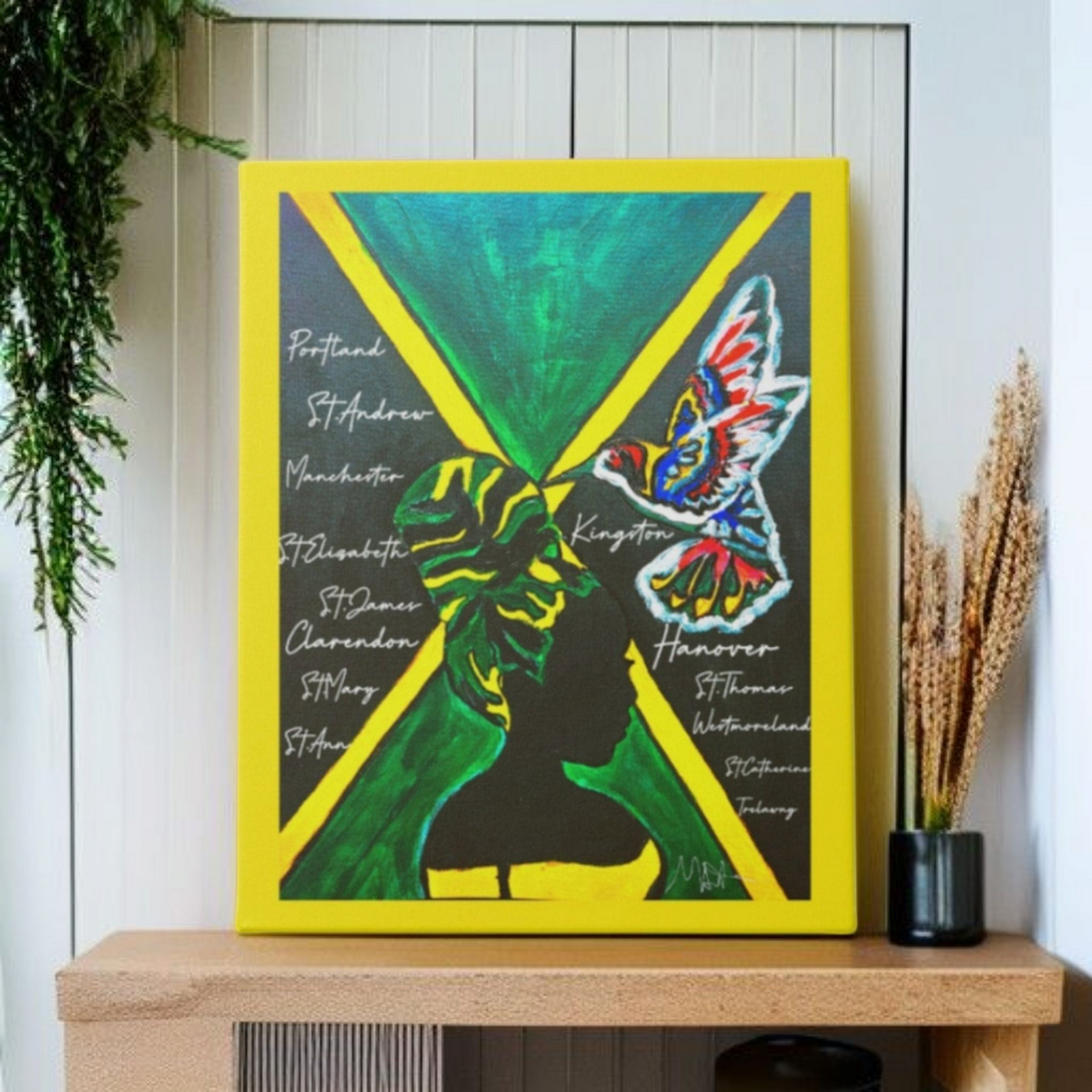 Vivid Hand Drawn Jamaican Woman Portrait, Patriotic Home Decor in Flag Colors