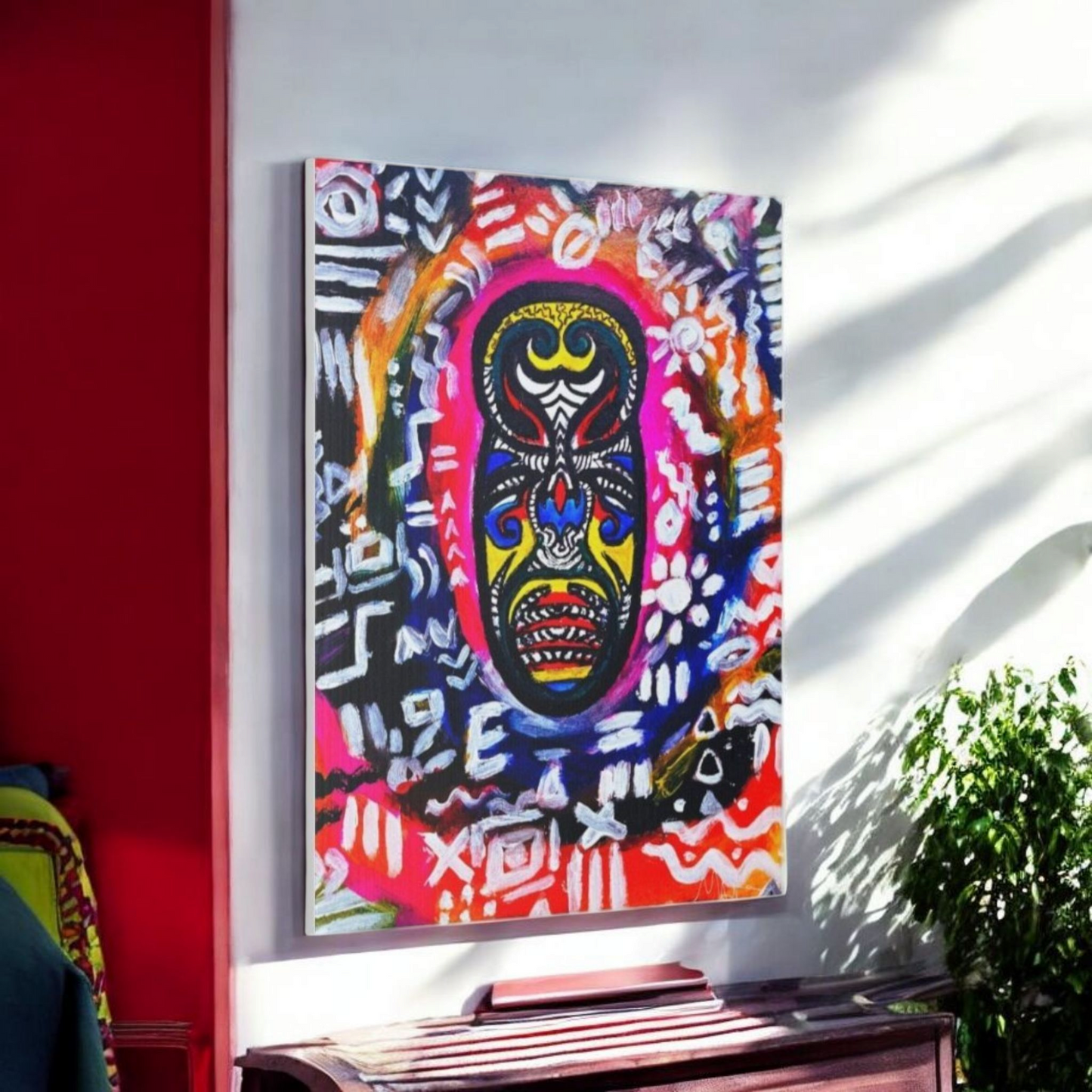 Artisan Tribal Mask Painting on Matte Stretched Canvas, Eco-Friendly Wall Art for Home Decor