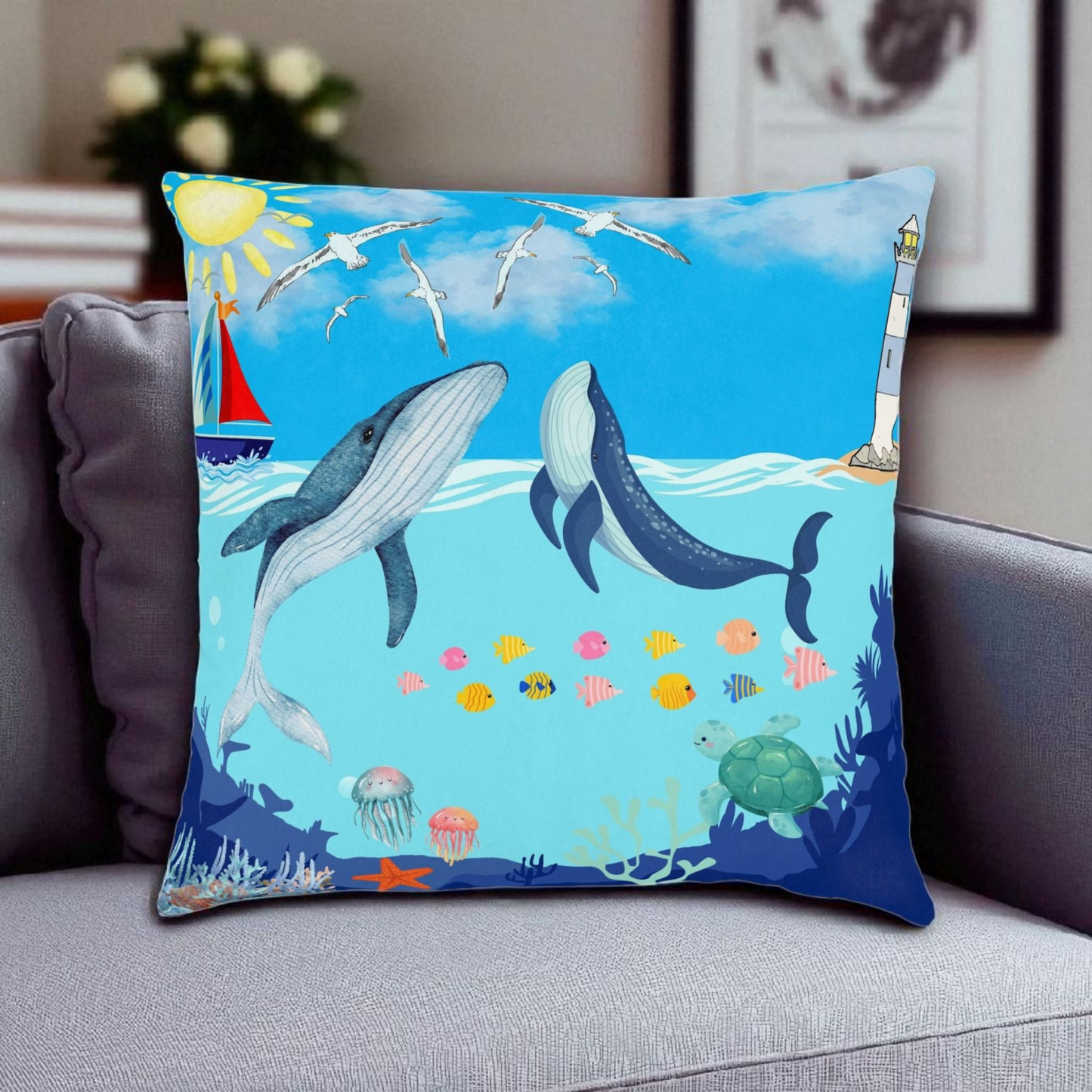 Whale Adventure Square Pillow – Coastal Home Decor