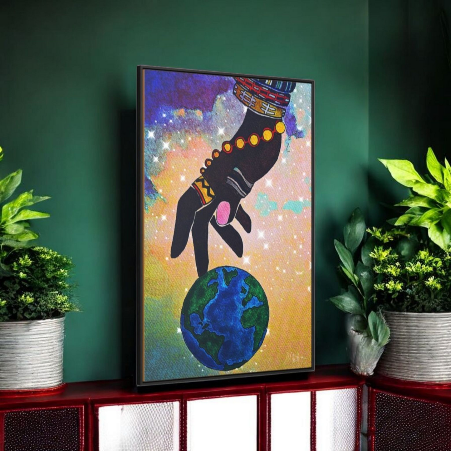 Cosmic Ethnic Wall Art - Handcrafted Astronomical Painting, Unique Space-Themed Decor, Vertica Frame