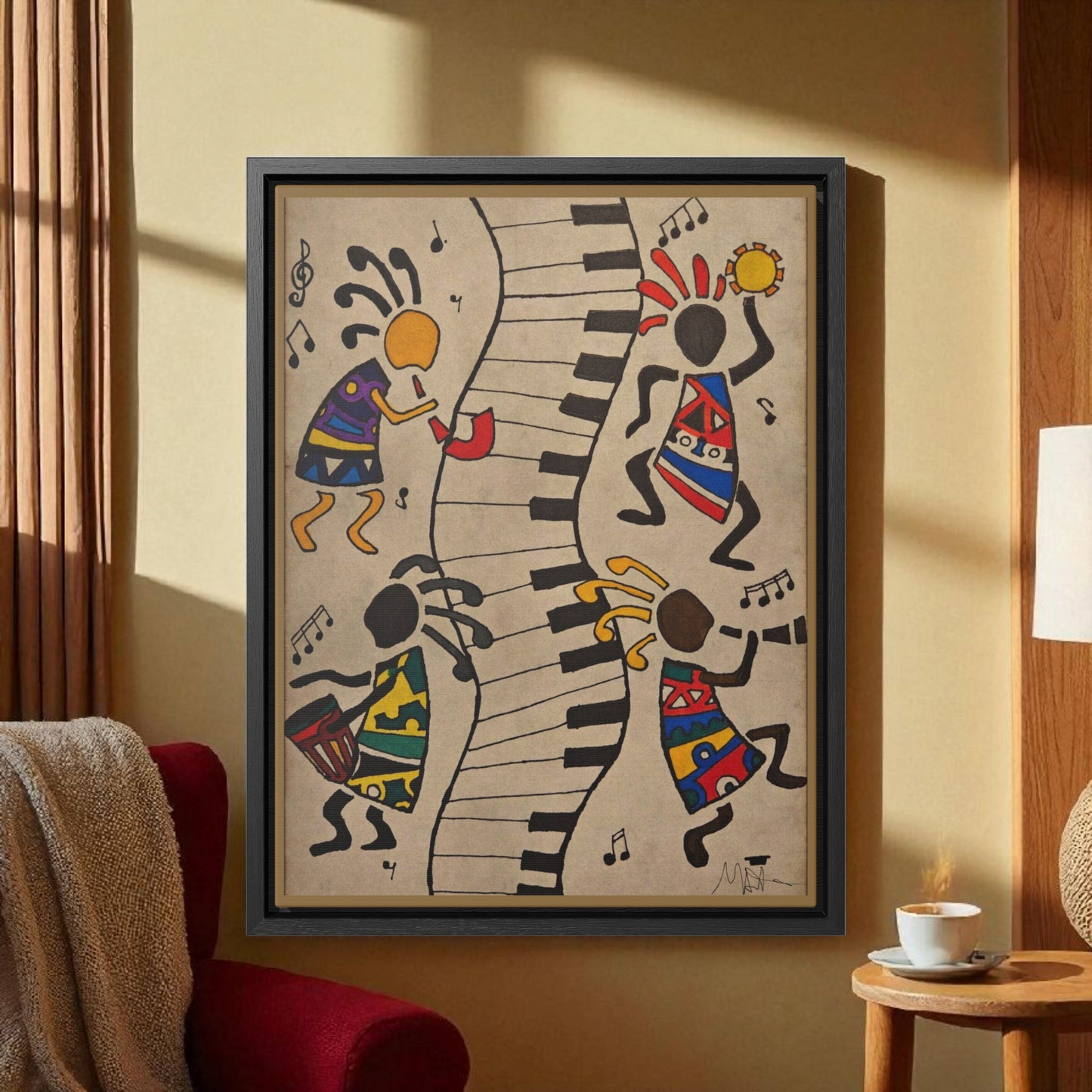 Handcrafted Tribal Music Artwork, Original Pen and Ink Drawing, Statement Wall Piece for Music Rooms