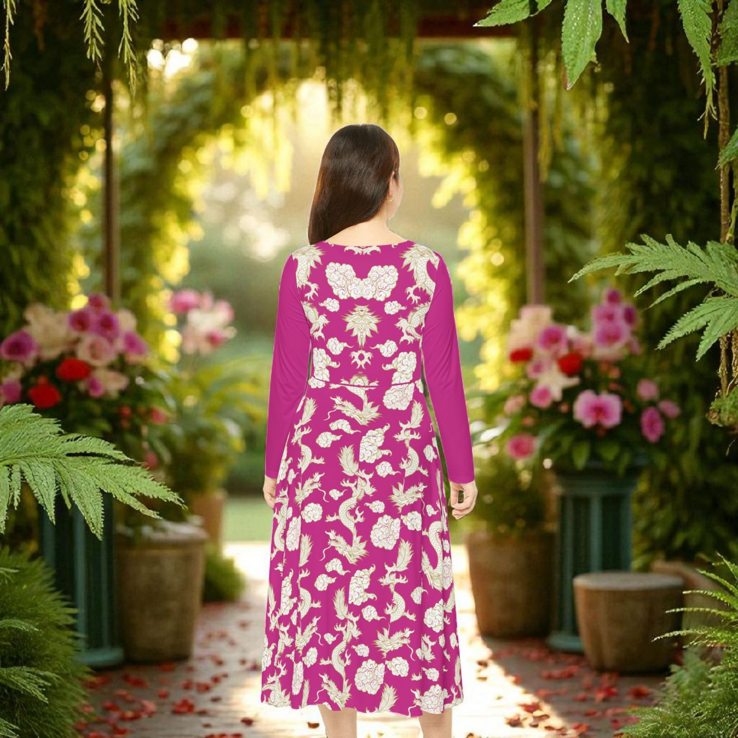 Pink Floral & Gragon Print Long Sleeve Dance Dress | Boho Style, Vintage Inspired