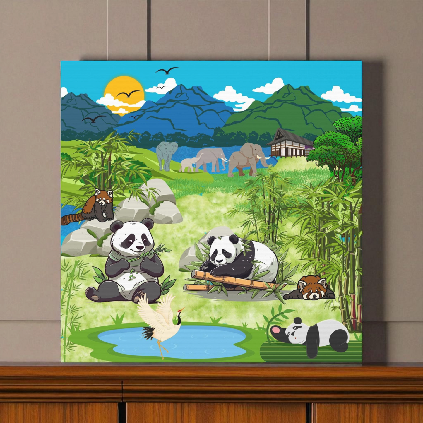 Animal Canvas, Panda and Elephant Wall Art, Nature Gallery Wrap, Asian Wildlife Print