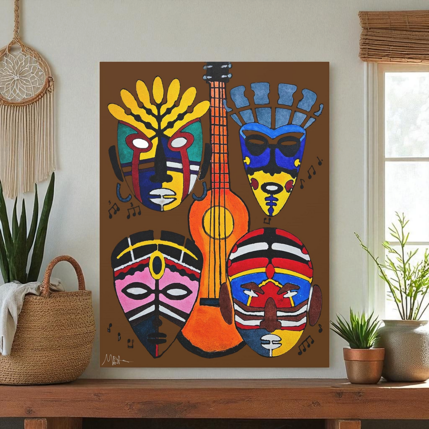 Tribal Mask Canvas, Singing Mask Painting, Wall Art Decor, Home Office Decoration