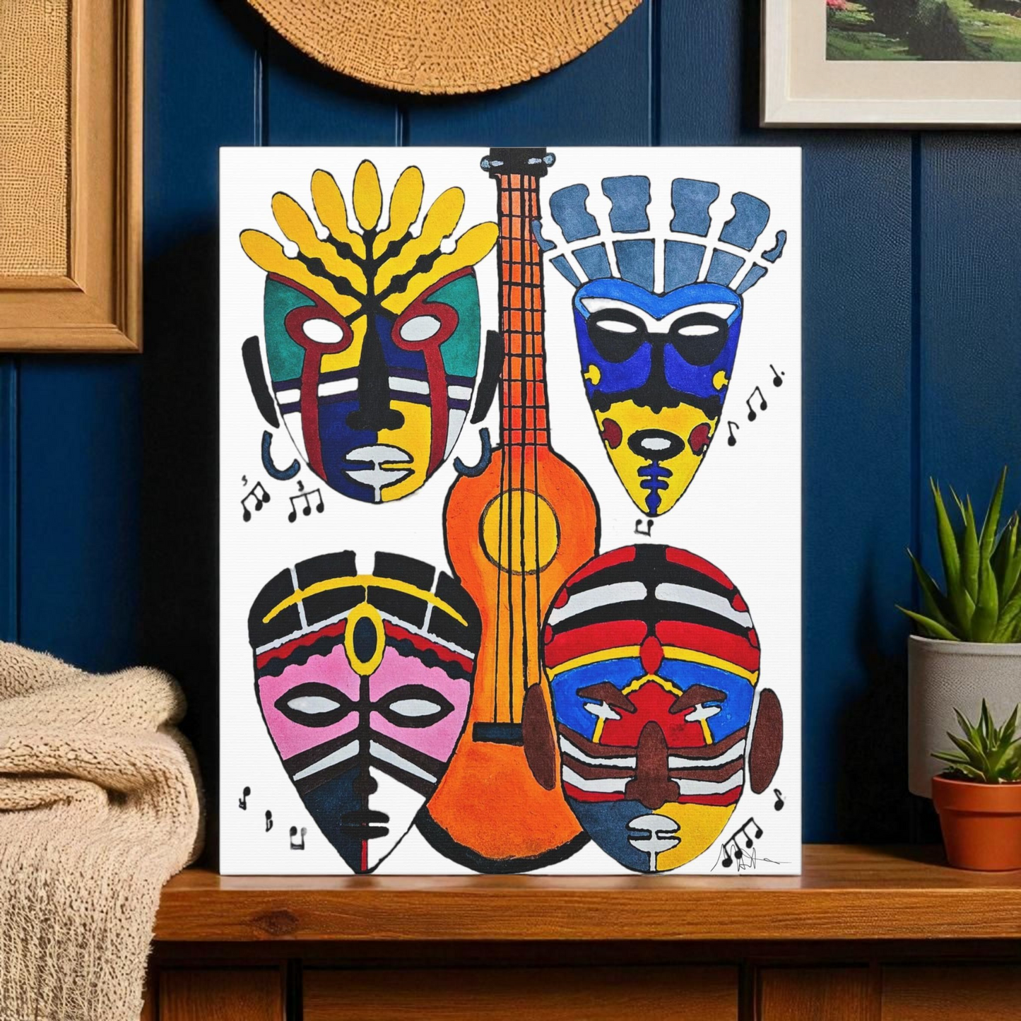 Tribal Mask Canvas, Singing Mask Painting, Wall Art Decor, Home Office Decoration