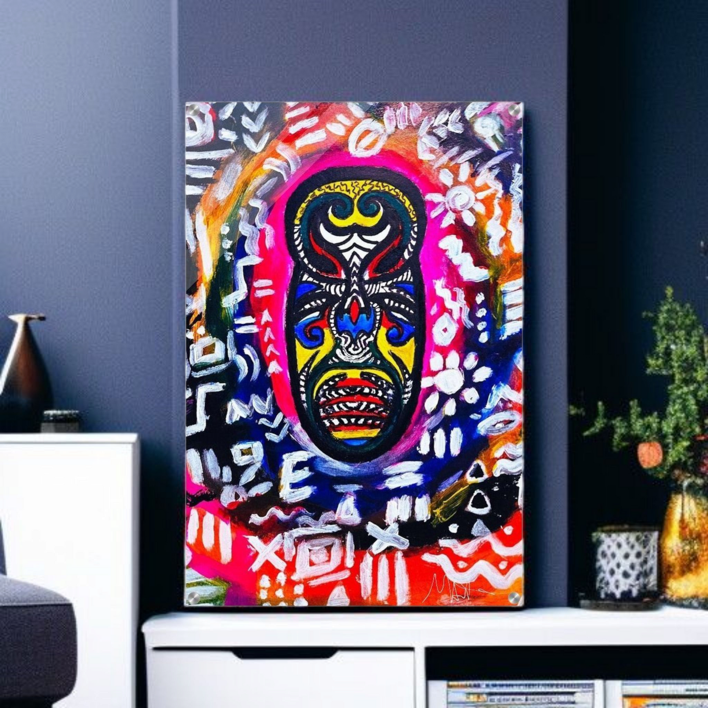 Vibrant Tribal Mask Painting, Acrylic Print - Authentic Handcrafted Decor