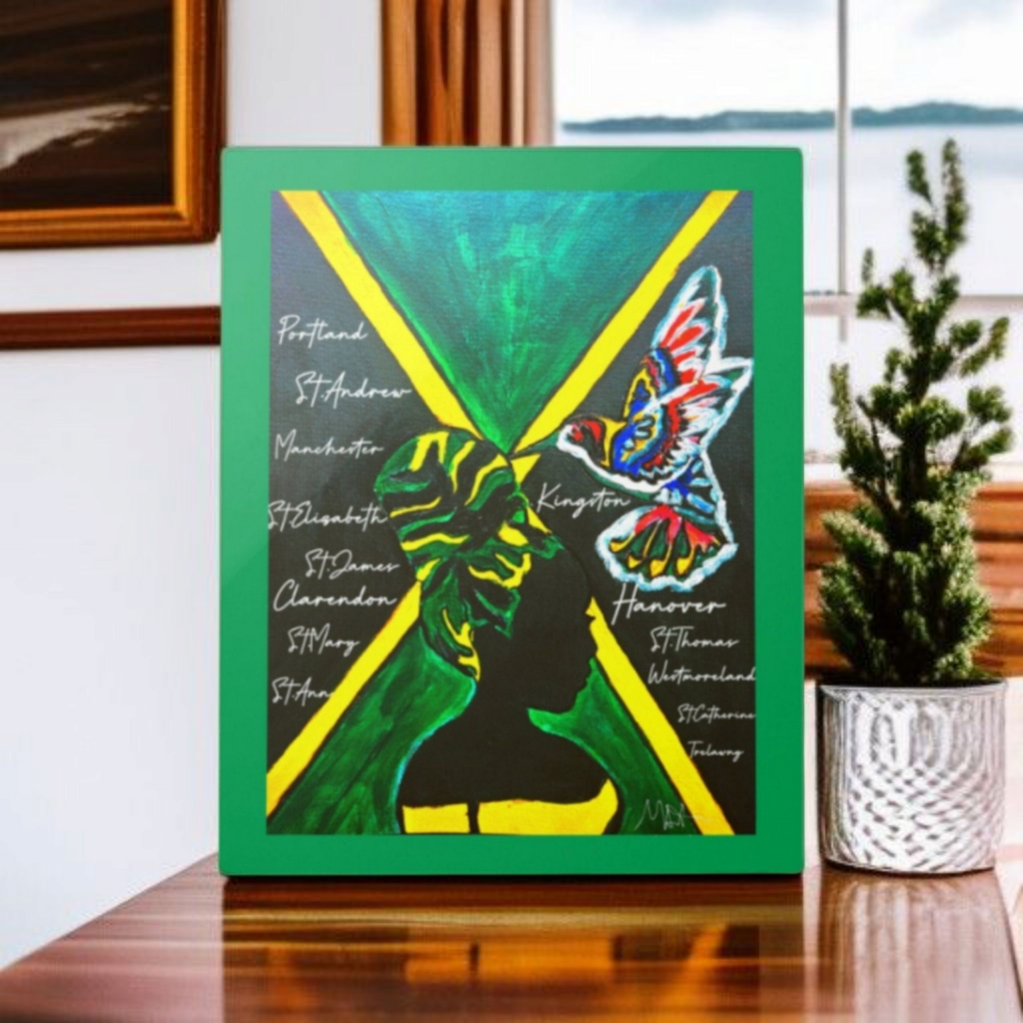 Handcrafted Ethnic Wall Art - Jamaican Female Portrait with Flag Colors, Cultural Home Accent