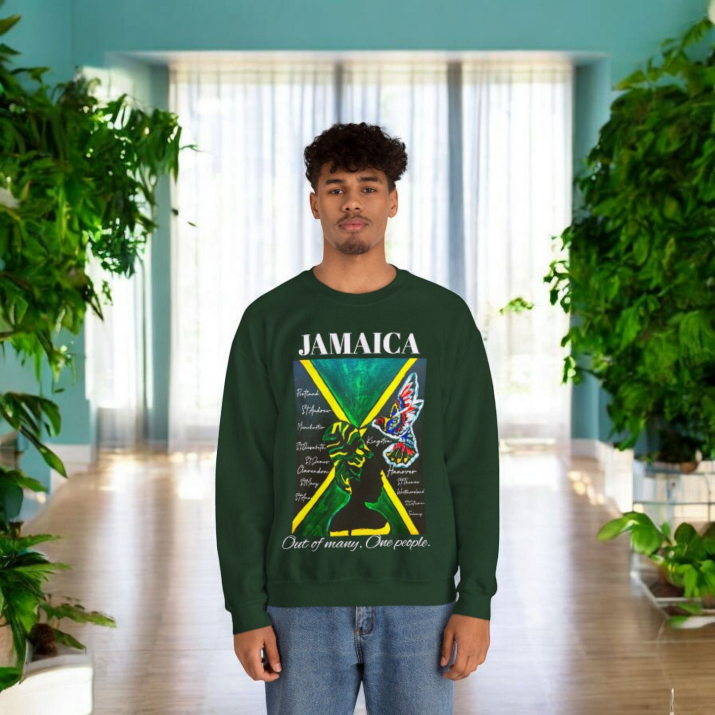 Handcrafted Graphic Sweatshirt featuring Jamaican Flag Art, Cozy Crewneck