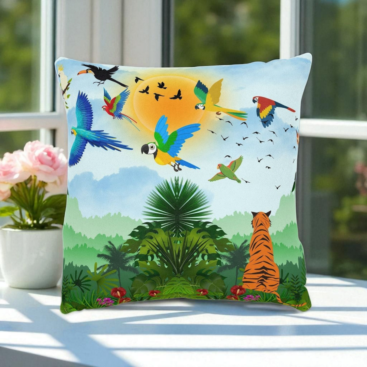 Tropical Jungle Square Pillow with Vibrant Wildlife Design