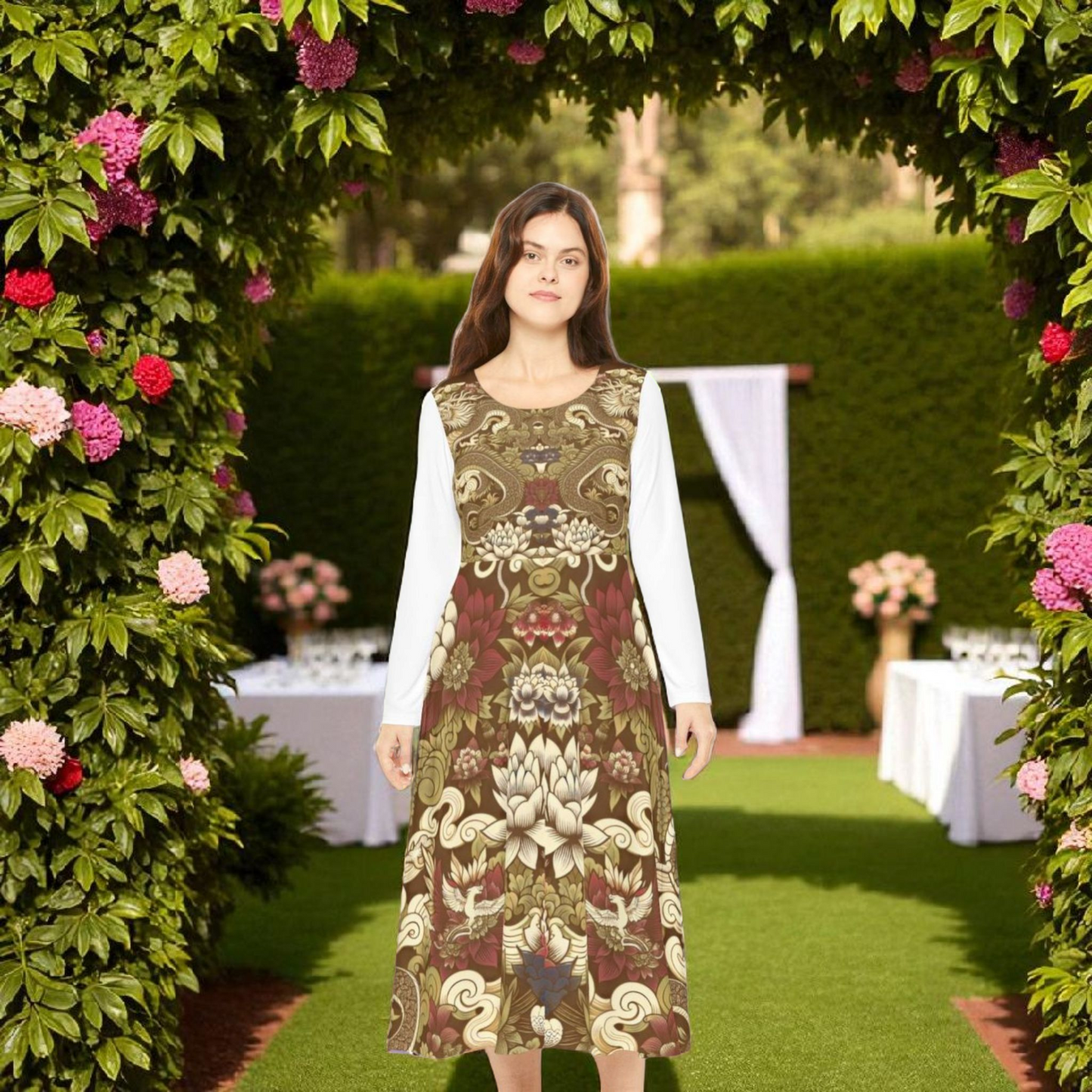 Elegant Floral Print Long Sleeve Dance Dress, Perfect for Parties, Dance Recitals