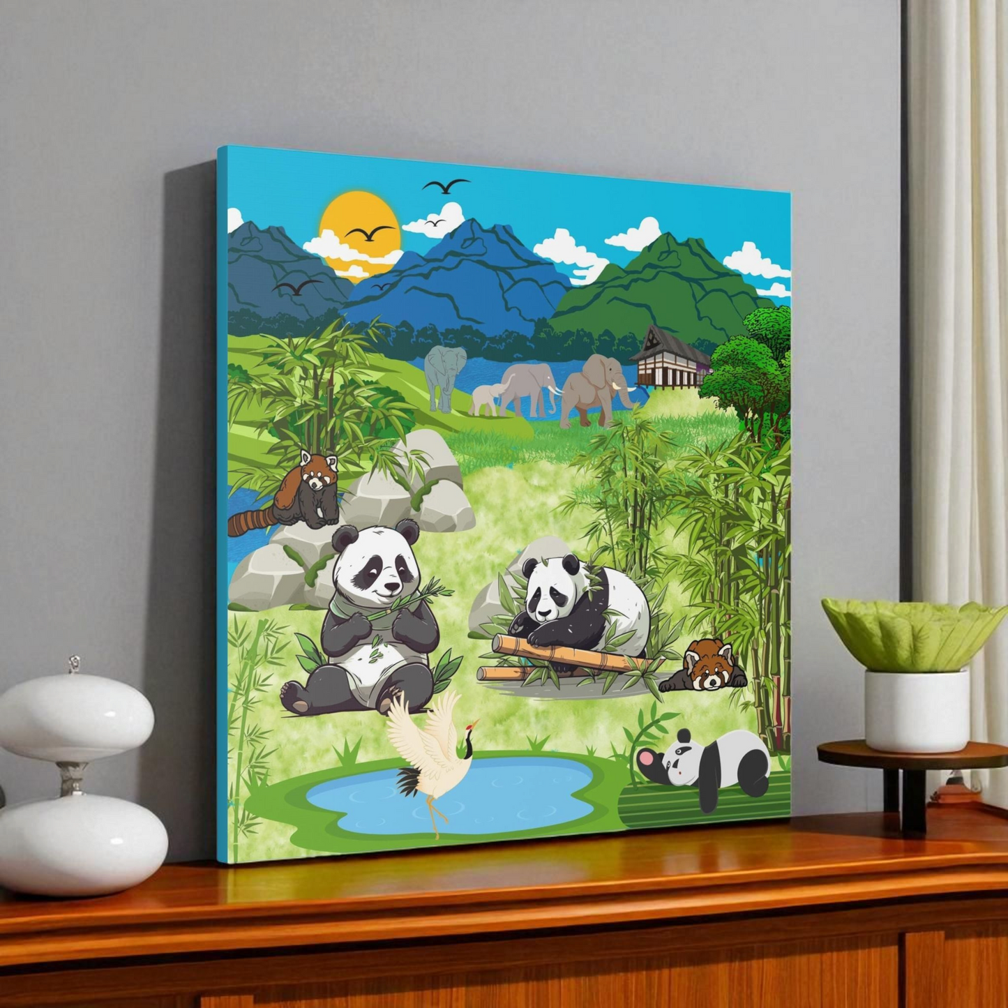 Animal Canvas, Panda and Elephant Wall Art, Nature Gallery Wrap, Asian Wildlife Print