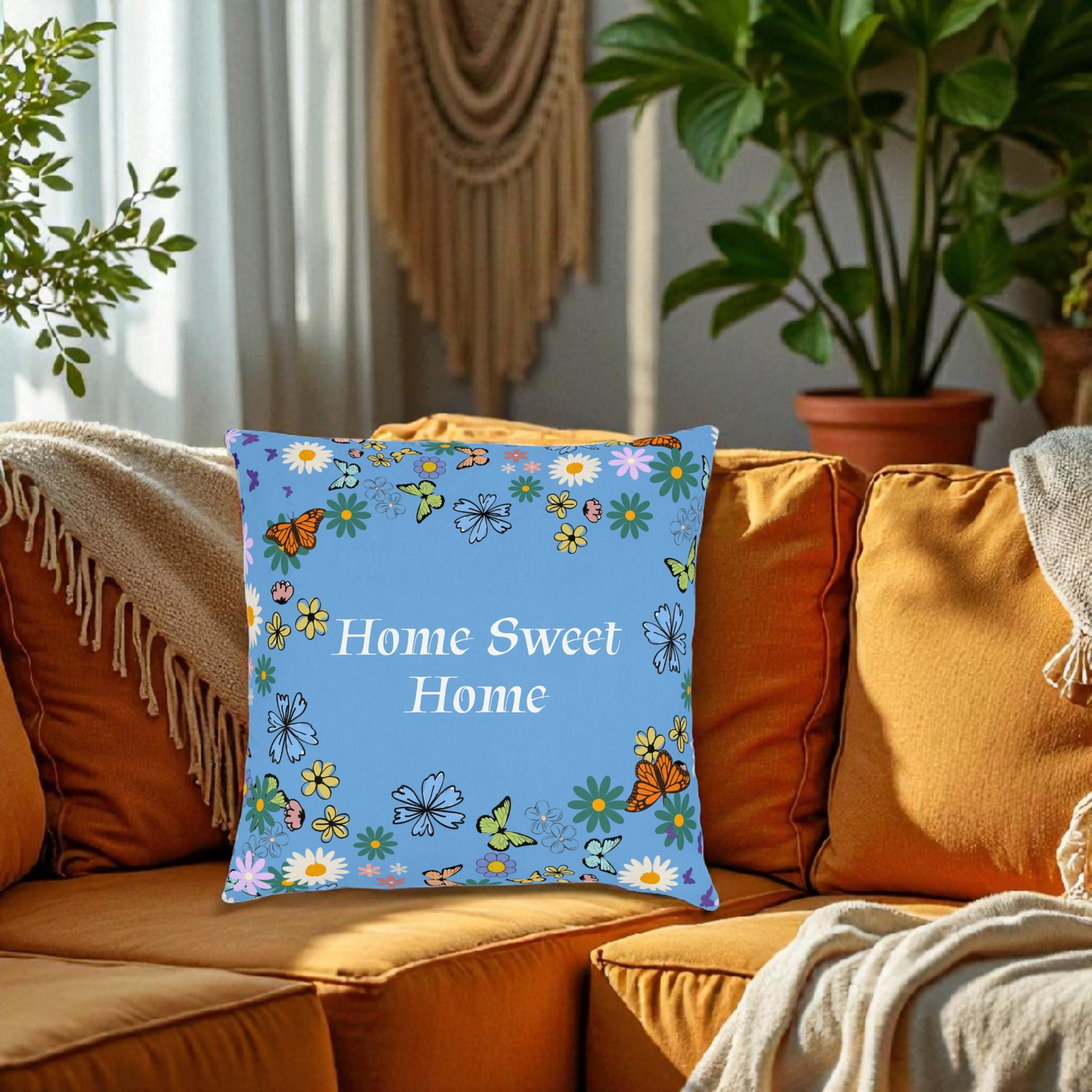 Floral Home Sweet Home Square Pillow - Cozy Decor for Living Room & Bedroom