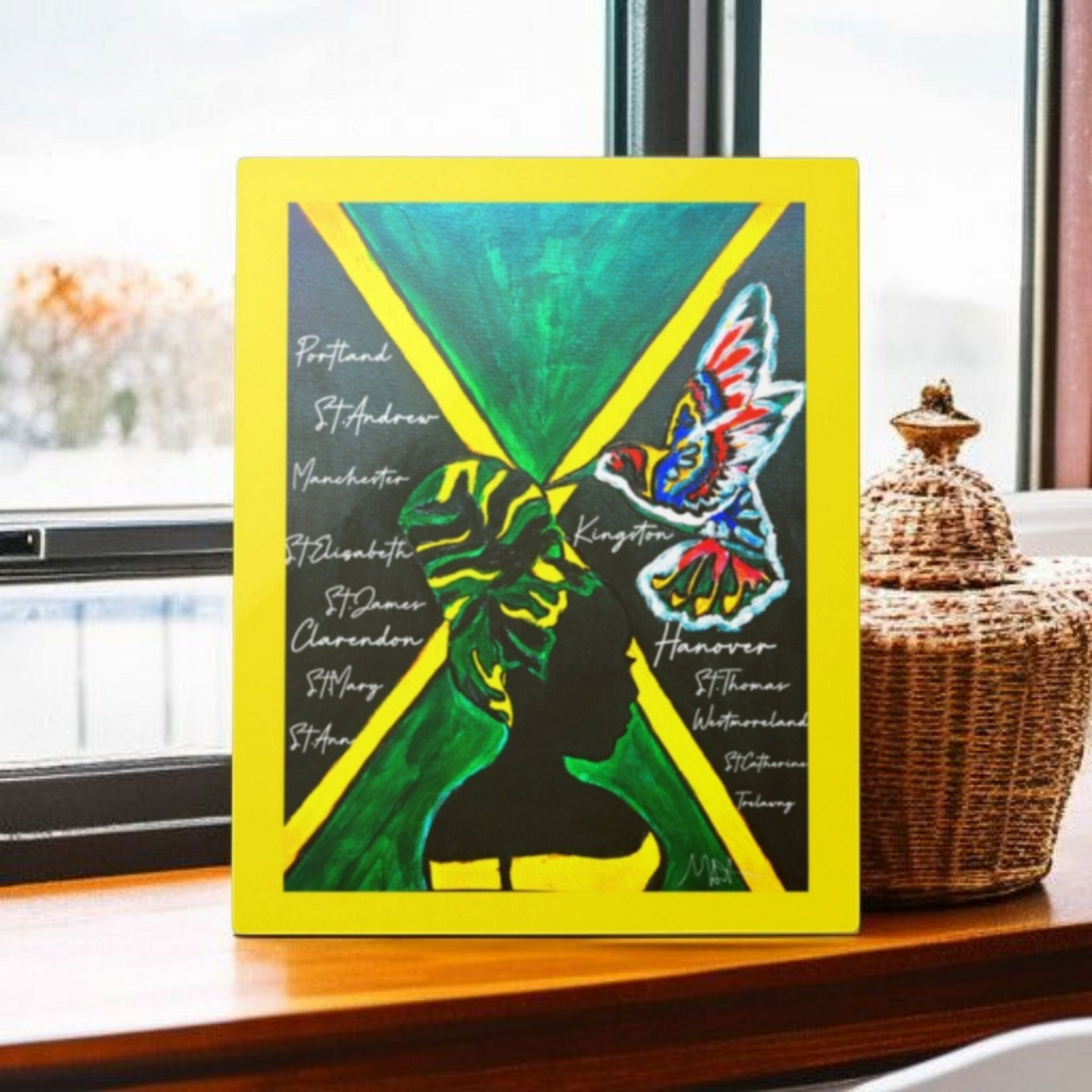 Handcrafted Ethnic Wall Art - Jamaican Female Portrait with Flag Colors, Cultural Home Accent