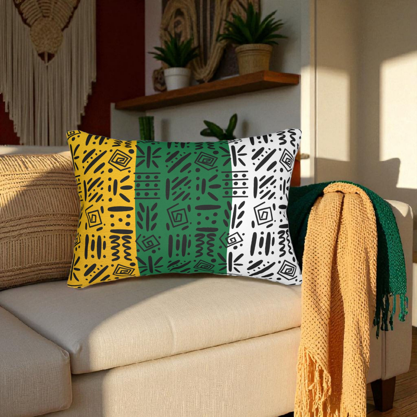 Boho Spun Polyester Lumbar Pillow with Tribal Pattern Water-resistant Hidden Zipper
