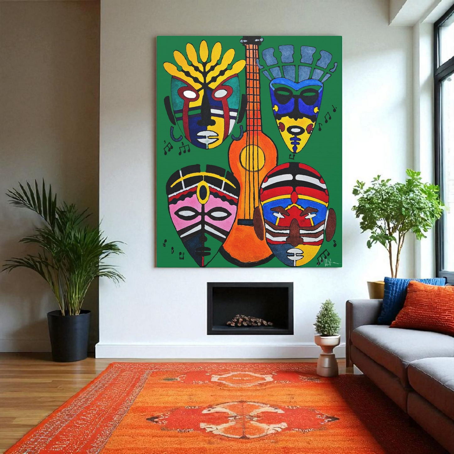Tribal Mask Canvas, Singing Mask Painting, Wall Art Decor, Home Office Decoration